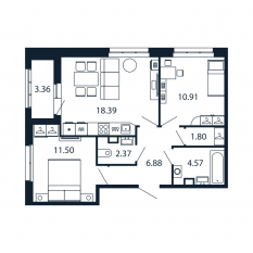 ЖК «Полис Приморский 2», планировка 2-комнатной квартиры, 55.60 м²