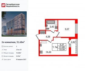 ЖК «Город звезд», планировка 1-комнатной квартиры, 31.68 м²
