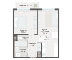 ЖК «Руднева, 15», планировка 1-комнатной квартиры, 43.00 м²