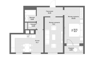 ЖК «Клевер», планировка 3-комнатной квартиры, 58.30 м²