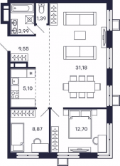 Квартал «Тетрис», планировка 2-комнатной квартиры, 72.80 м²