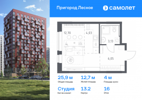 ЖК «Пригород Лесное», планировка студии, 25.91 м²