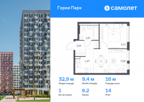 ЖК «Горки Парк», планировка 1-комнатной квартиры, 32.87 м²
