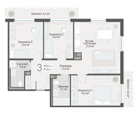 ЖК «Руднева, 15», планировка 3-комнатной квартиры, 81.80 м²