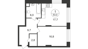 ЖК «Переделкино Ближнее», планировка 1-комнатной квартиры, 53.00 м²