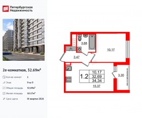 ЖК «Титул в Московском», планировка 1-комнатной квартиры, 32.69 м²