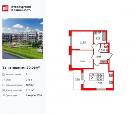 ЖК «Парадный ансамбль», планировка 2-комнатной квартиры, 50.98 м²