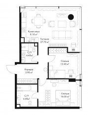 МФК «SLAVA», планировка 2-комнатной квартиры, 81.10 м²