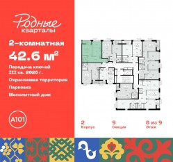 ЖК «Родные кварталы», планировка 2-комнатной квартиры, 42.60 м²