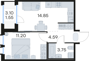 ЖК «GloraX Парголово», планировка 1-комнатной квартиры, 35.94 м²
