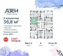 ЖК «Дзен-кварталы», планировка 2-комнатной квартиры, 36.80 м²