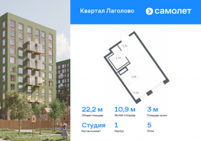 ЖК «Квартал Лаголово», планировка студии, 22.23 м²