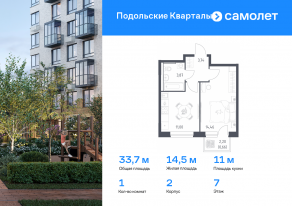 ЖК «Подольские Кварталы», планировка 1-комнатной квартиры, 33.73 м²