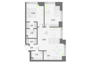 ЖК «Upside Towers», планировка 2-комнатной квартиры, 67.10 м²