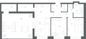 МФК «Равновесие», планировка 3-комнатной квартиры, 75.00 м²