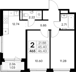ЖК «GloraX Новоселье», планировка 2-комнатной квартиры, 46.43 м²