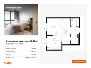 ЖК «Ильинские луга», планировка 1-комнатной квартиры, 43.01 м²