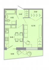ЖК «Стороны света», планировка 1-комнатной квартиры, 33.80 м²