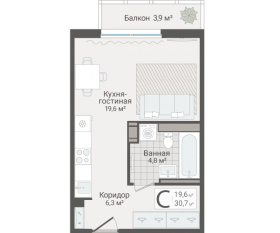 ЖК «Руднева, 15», планировка студии, 30.70 м²