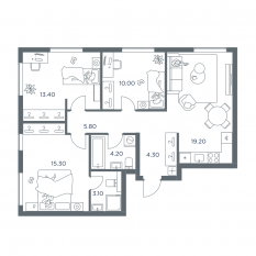 ЖК «iLove», планировка 4-комнатной квартиры, 75.30 м²
