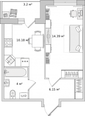 ЖК «Parkolovo», планировка 1-комнатной квартиры, 34.80 м²