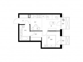 ЖК «2-й Иртышский», планировка 1-комнатной квартиры, 34.90 м²