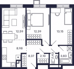Квартал «Тетрис», планировка 2-комнатной квартиры, 62.80 м²