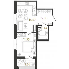 ЖК «Ultra City 3.0», планировка 1-комнатной квартиры, 35.44 м²