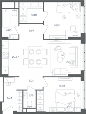 ЖК «Headliner», планировка 3-комнатной квартиры, 84.04 м²