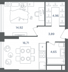 ЖК «Headliner», планировка 2-комнатной квартиры, 45.40 м²