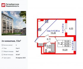 МЖК «Дворцовый фасад», планировка 1-комнатной квартиры, 33.00 м²