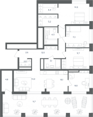 МФК «Равновесие», планировка 4-комнатной квартиры, 121.20 м²