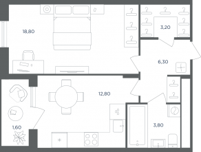 МФК «Равновесие», планировка 1-комнатной квартиры, 46.50 м²