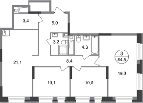 ЖК «Первый Московский», планировка 3-комнатной квартиры, 84.50 м²