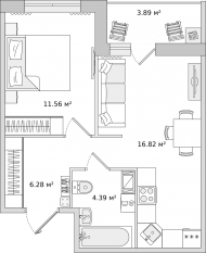 ЖК ЦДС «Dreamline», планировка 1-комнатной квартиры, 42.94 м²