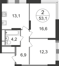 ЖК «Переделкино Ближнее», планировка 2-комнатной квартиры, 53.10 м²