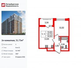 ЖК «Астра Континенталь», планировка 1-комнатной квартиры, 31.73 м²