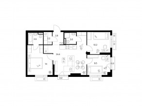 ЖК «Саларьево парк», планировка 3-комнатной квартиры, 69.60 м²