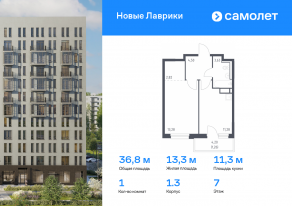 ЖК «Новые Лаврики», планировка 1-комнатной квартиры, 36.77 м²