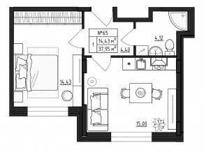 МЖК «Верево-Сити», планировка 1-комнатной квартиры, 37.95 м²