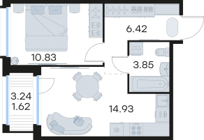 ЖК «GloraX Парголово», планировка 1-комнатной квартиры, 37.65 м²
