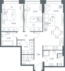 ЖК «iLove», планировка 2-комнатной квартиры, 78.90 м²