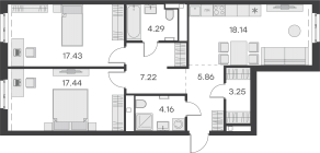 ЖК «GloraX Балтийская», планировка 2-комнатной квартиры, 81.10 м²