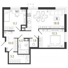 ЖК «Струны», планировка 2-комнатной квартиры, 63.20 м²