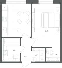 МФК «Равновесие», планировка 1-комнатной квартиры, 38.10 м²