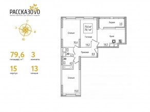 ЖК «Рассказово», планировка 3-комнатной квартиры, 79.60 м²