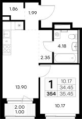 ЖК «GloraX Новоселье», планировка 1-комнатной квартиры, 35.45 м²