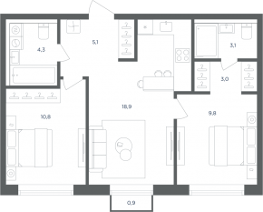 МФК «Равновесие», планировка 2-комнатной квартиры, 55.30 м²