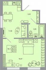 ЖК «Стороны света-2», планировка 1-комнатной квартиры, 36.10 м²