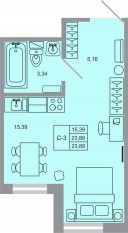 ЖК «Стороны света-2», планировка студии, 23.89 м²